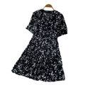 Vintage ink wash v-neck short sleeve a-line dress - women's summer korean style printed slimming design commute chic maxi dress