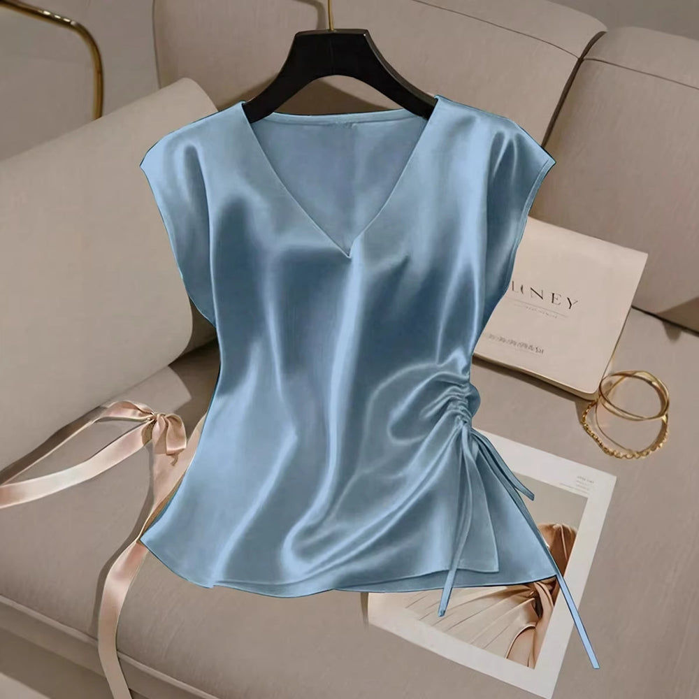 Amazon cross-border fashion independent station women's spring winter new arrival satin shirt v neck drawstring satin tops