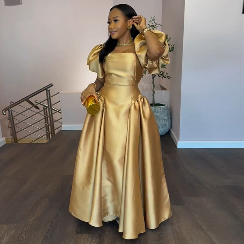 European and american cross-border women's fashion:  summer new arrival - elegant puff sleeve square neck high waist a-line maxi dress with flared hem
