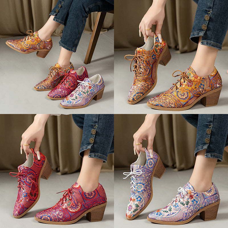 Export pointed toe printing high heel flats women autumnew arrivaltie back cross-border plus size thick heel professional flats 43