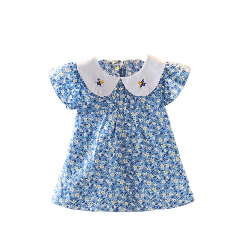 Girls' floral dress - new korean style for summer , featuring a peter pan collar, ruffle trim, and embroidery. wholesale children's dresses for export