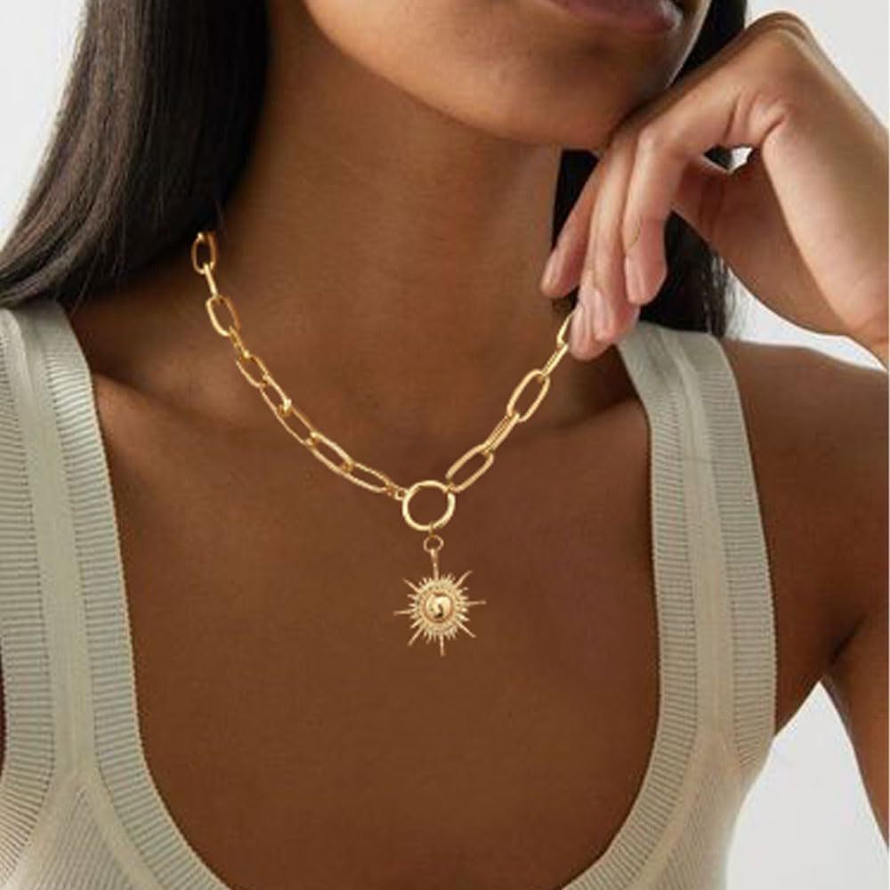 2025 amazon cross-border new solar pendant necklace paperclip chain chunky necklace fashion commute jewelry for women