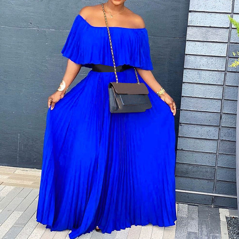 D3129  foreign trade women's summer new sexy off-the-shoulder pleated dress european and american style dress
