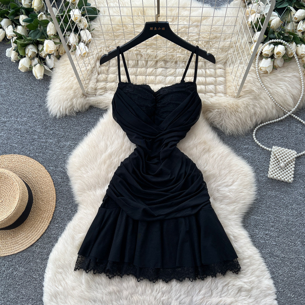 French lace patchwork camisole dress - summer slimming a-line mini dress - green sexy
