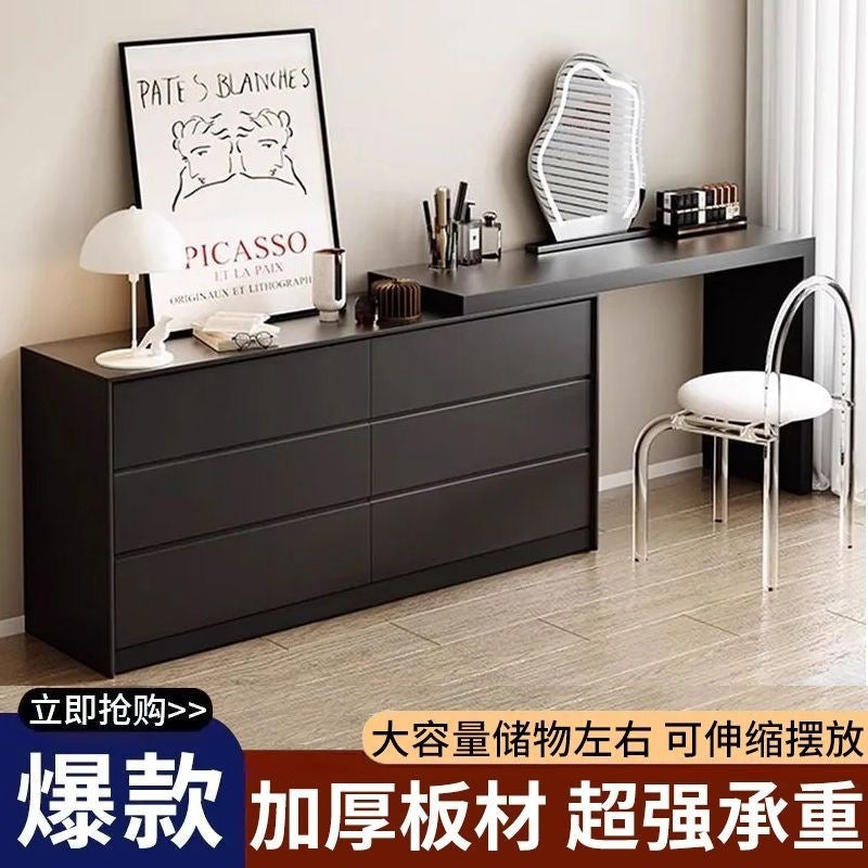 Black light luxury vanity table with drawer cabinet - italian-inspired light luxury bedroom bedside storage cabinet - vintage style mid-century makeup table