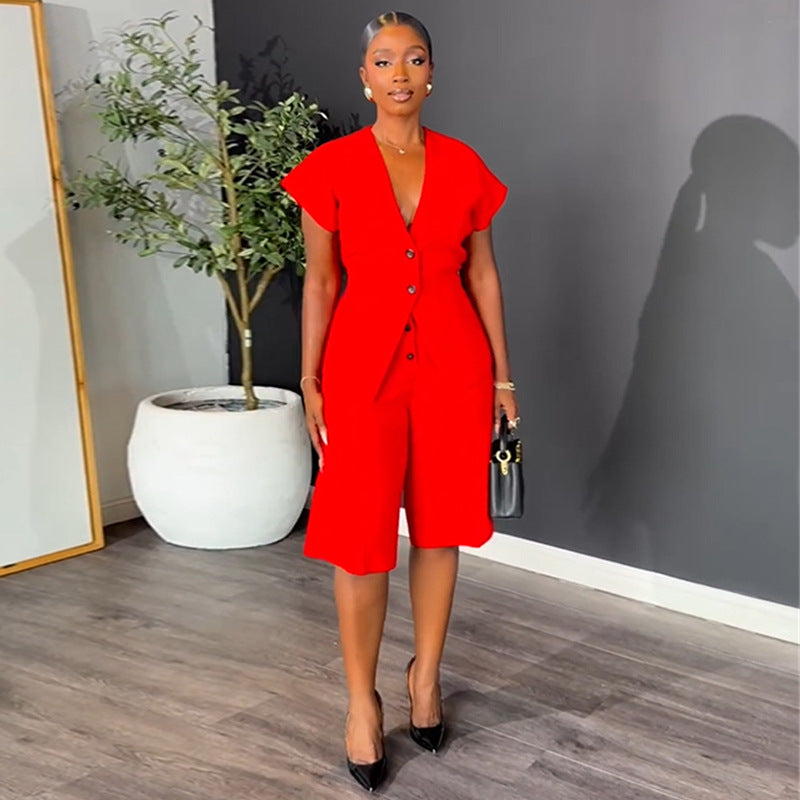 European and american cross-border women's fashion  autumn/winter new arrival: elegant v-neck sleeveless vest top and wide-leg cropped pants two-piece set