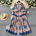 European and american retro chic court-style printed collar lantern sleeve cinched waist single-breasted dress - women's slimming elegant maxi dress