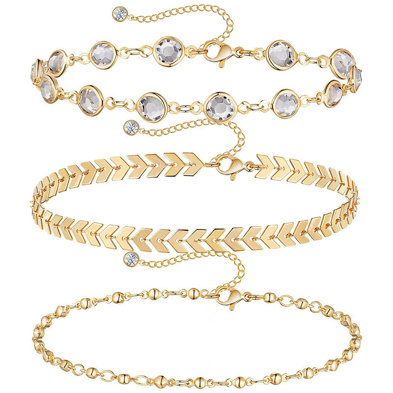 European and american cross-border trendy fashion fishbone chain anklet summer beach anklet women's beaded chain arrow zircon three-piece anklet set