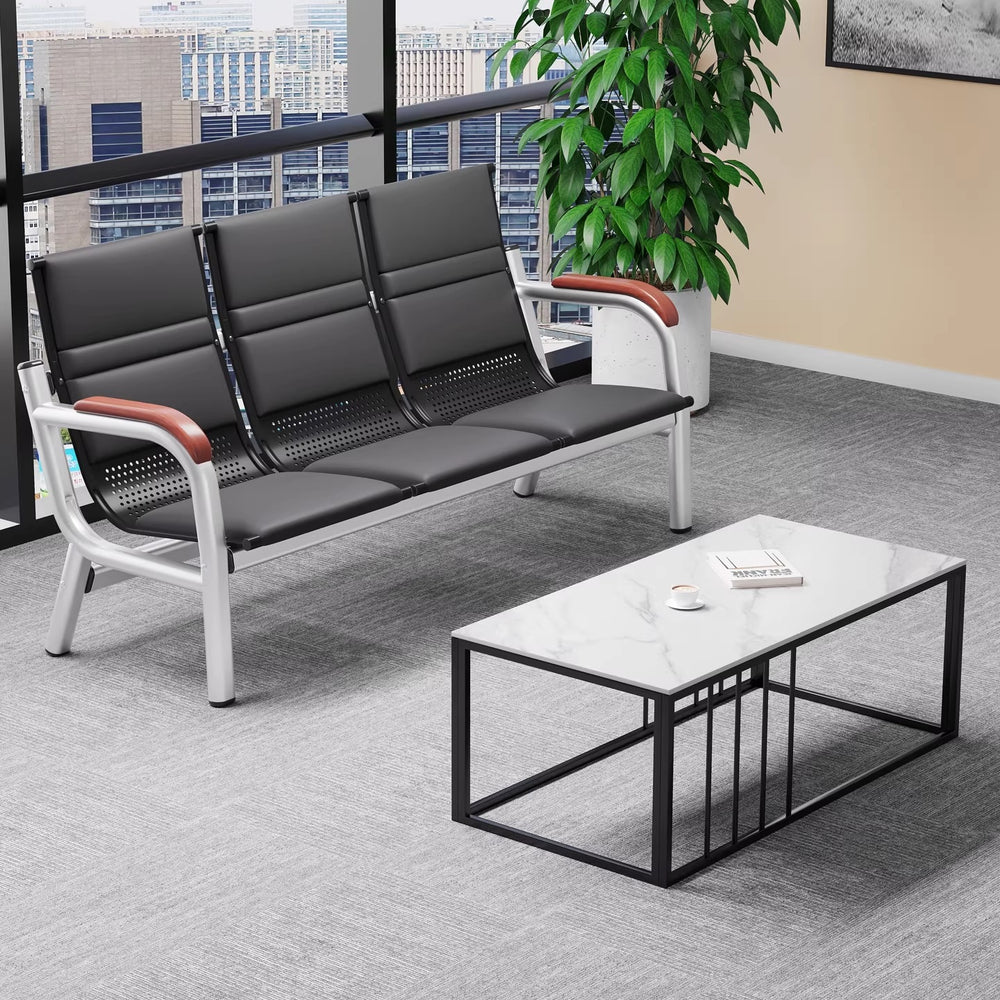 Office sofa and coffee table set - minimalist modern reception desk with iron frame, business three-seater sofa