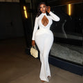 European and american style cross-border sexy slim-fit women's hollow-out solid color flare jumpsuit streetwear long sleeve romper trendy