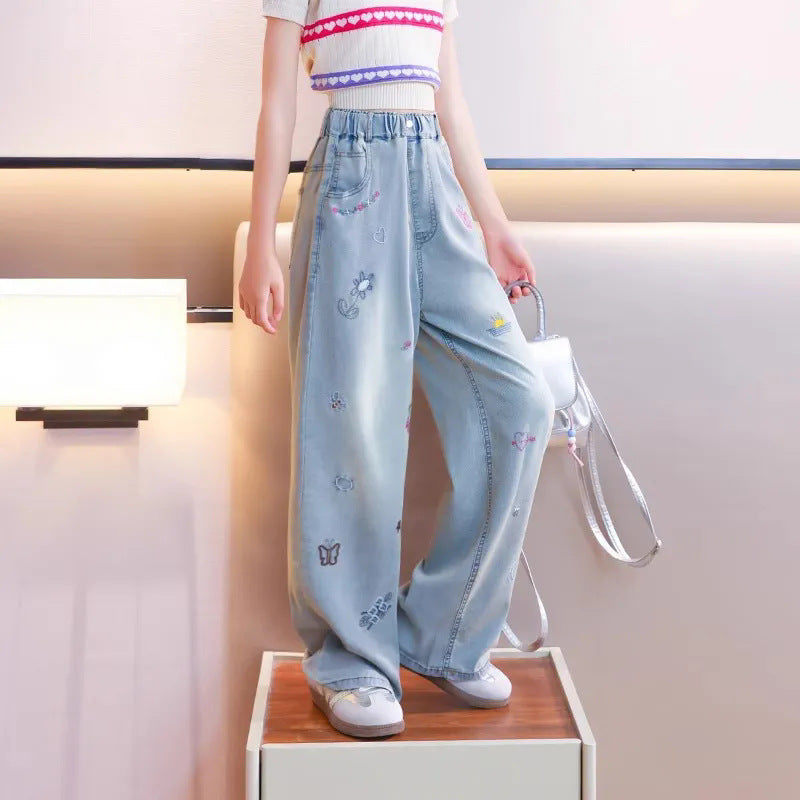 Girls'  new tencel denim pants - summer kids' mosquito-proof trousers, stylish summer outfit, big kids' ice silk wide-leg pants