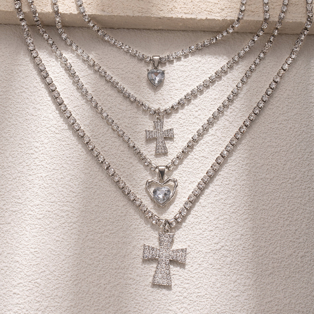 Diamond-studded heart cross pendant wholesale - cross-border fashion jewelry, multi-layer necklace, light luxury, premium full diamond clavicle chain