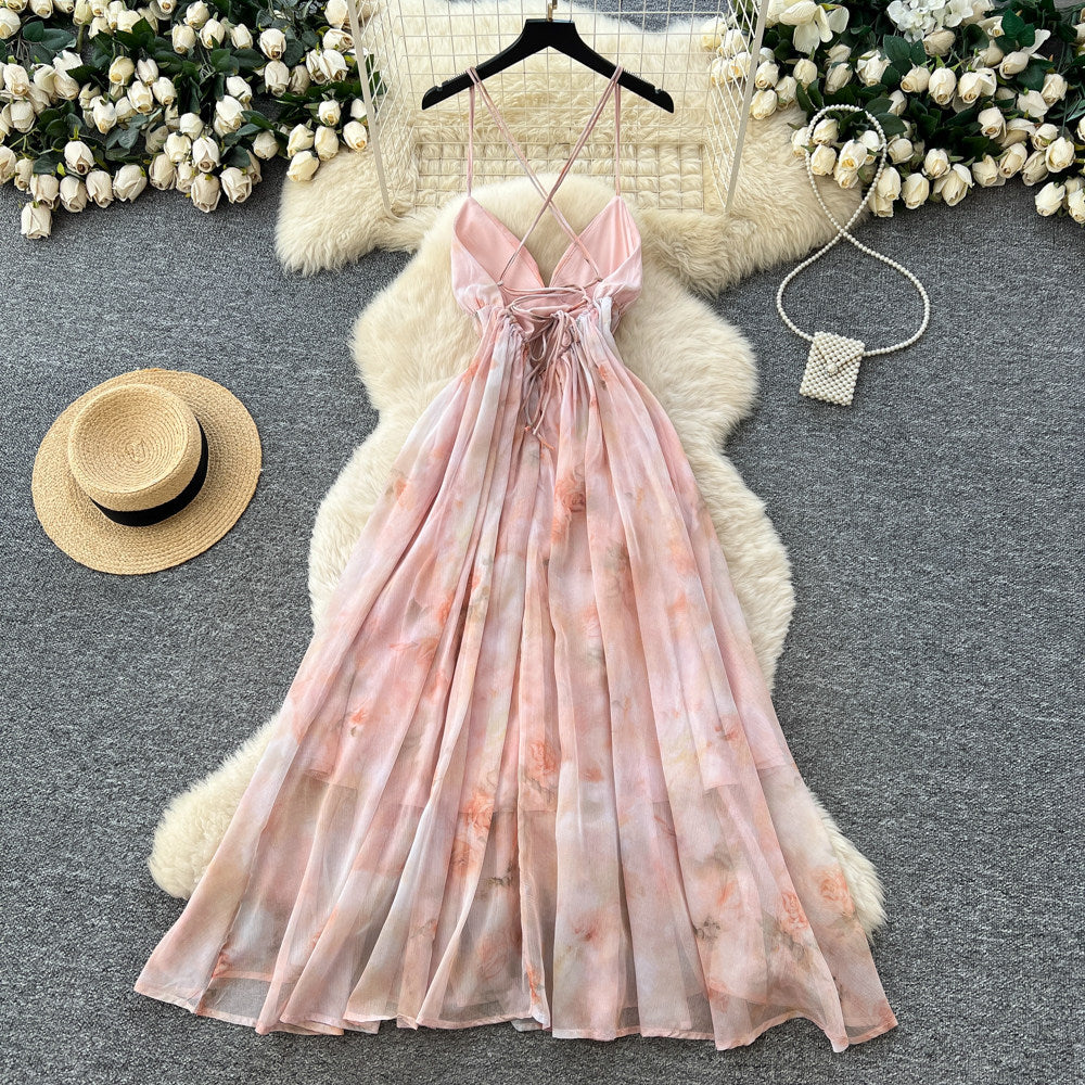 French holiday style halter suspender dress women's summer large backless sleeveless waist rufflesprinting long skirt