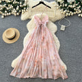 French holiday style halter suspender dress women's summer large backless sleeveless waist rufflesprinting long skirt