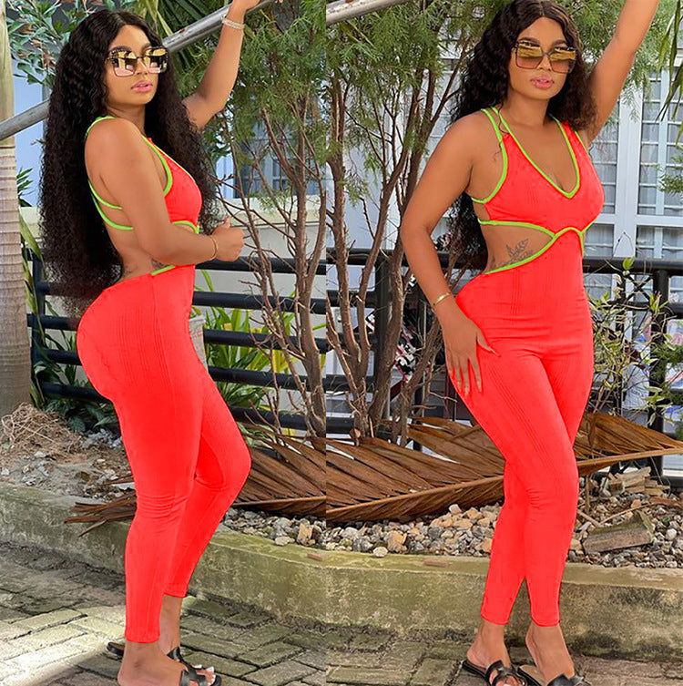 Fashionexport women's clothing  cross-border supply summer hot-selling fashion sexy suspender pit strip pure color jumpsuit