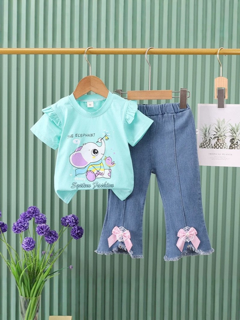 Direct from the factory! girls' summer two-piece set: pink cartoon tee + bowknot denim shorts. ready to ship!