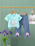 Direct from the factory! girls' summer two-piece set: pink cartoon tee + bowknot denim shorts. ready to ship!