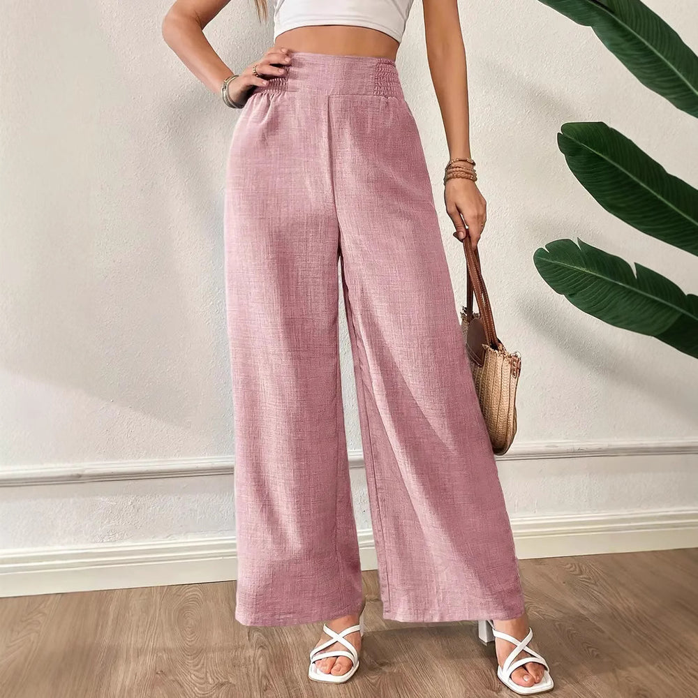 european and american cross-border  spring/summer new women's solid color shirred patchwork high-waisted slimming wide-leg pants