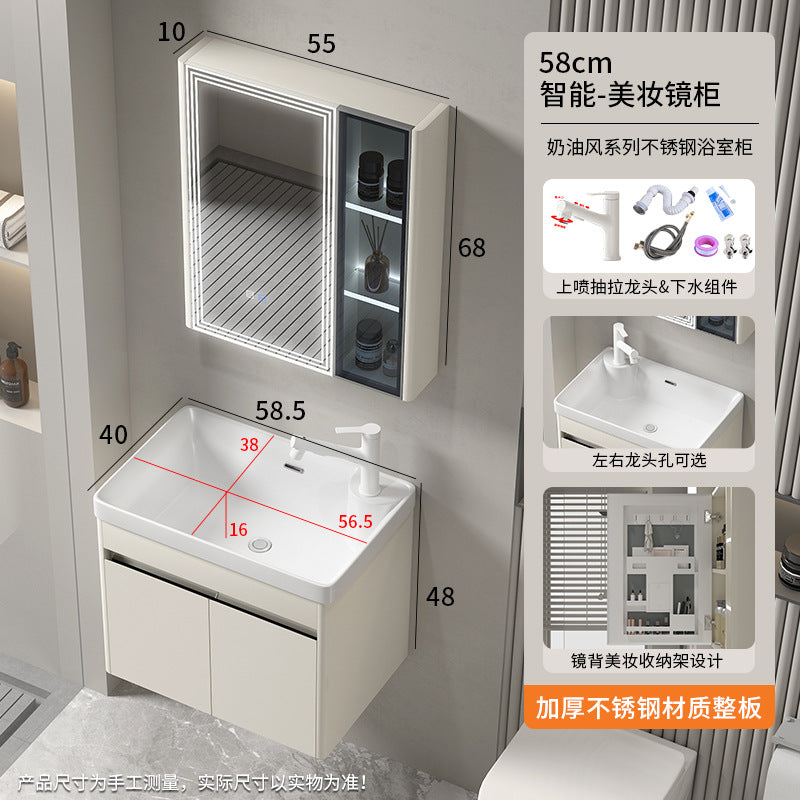 Small apartment bathroom cabinet Thickened stainless steel washstand Integrated cabinet Storage mirror Washstand Deepened ceramic integrated basin