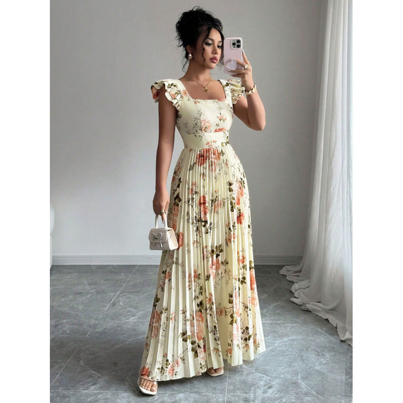 Women's rose print flutter sleeve pleated midi dress - casual & elegant spring/summer outfit for vacation