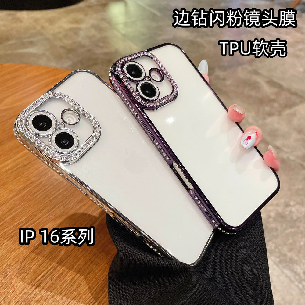 Suitable for apple 17 transparent mobile phone case 16 glitter lens film rhinestone frame iphone 15 soft case protective cover 11