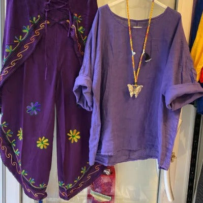 premium purple linen blouse - women's casual, loose fit, plus size batwing sleeve cotton linen t-shirt, mid-sleeve summer top