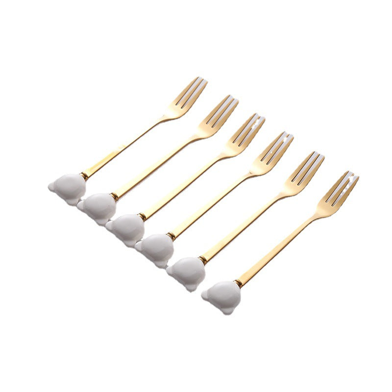 Cartoon stainless steel spoon and fork set - stylish dessert spoons, fruit forks, and ceramic mini forks for home use - wholesale