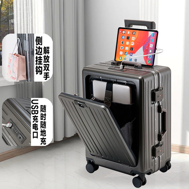 20-Inch aluminum frame front open suitcase women's small, lightweight and multi-functional charging travel trolley case password box