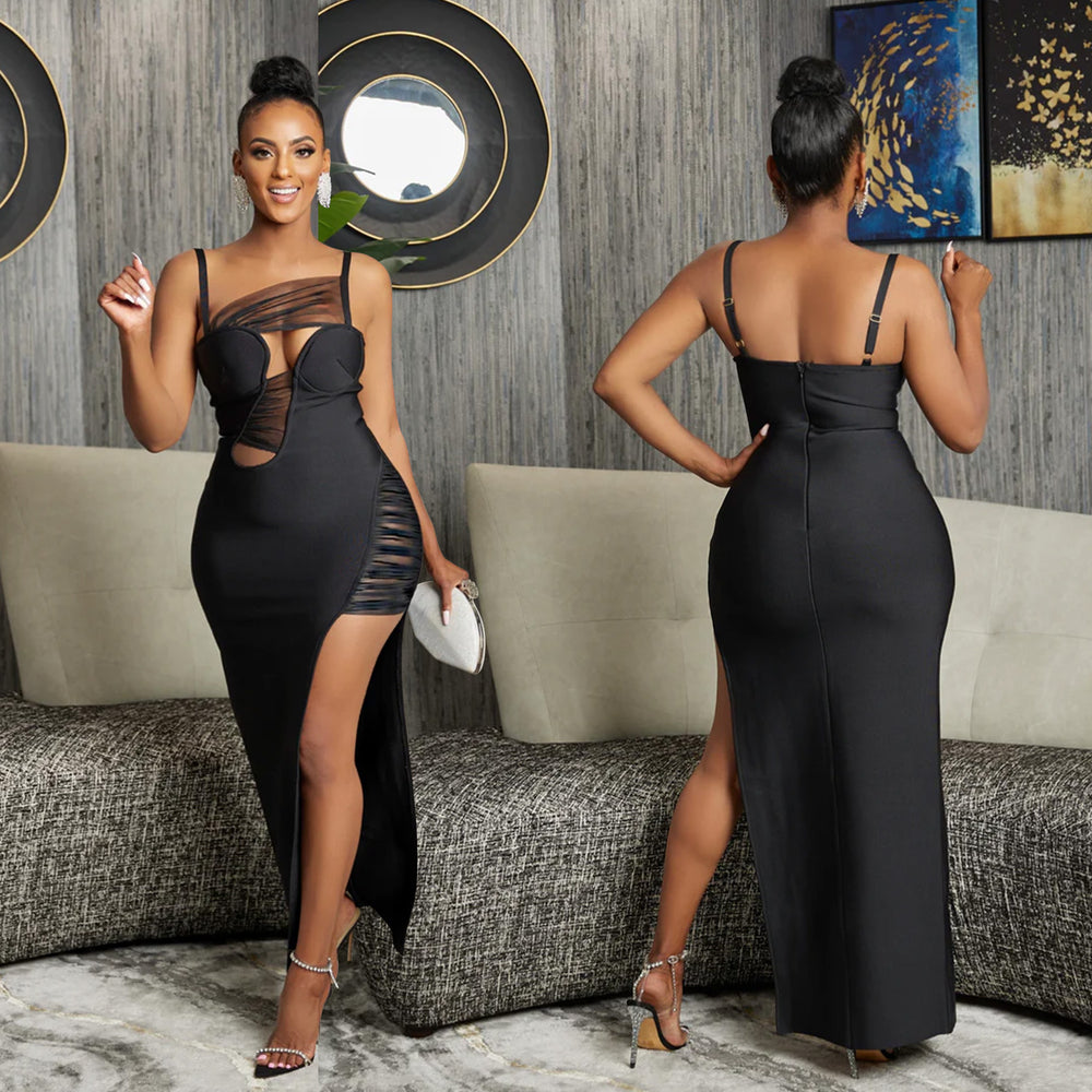 C6653 cross-border   fashion women's solid color mesh hollow-out bandage maxi dress