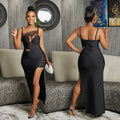 C6653 cross-border   fashion women's solid color mesh hollow-out bandage maxi dress