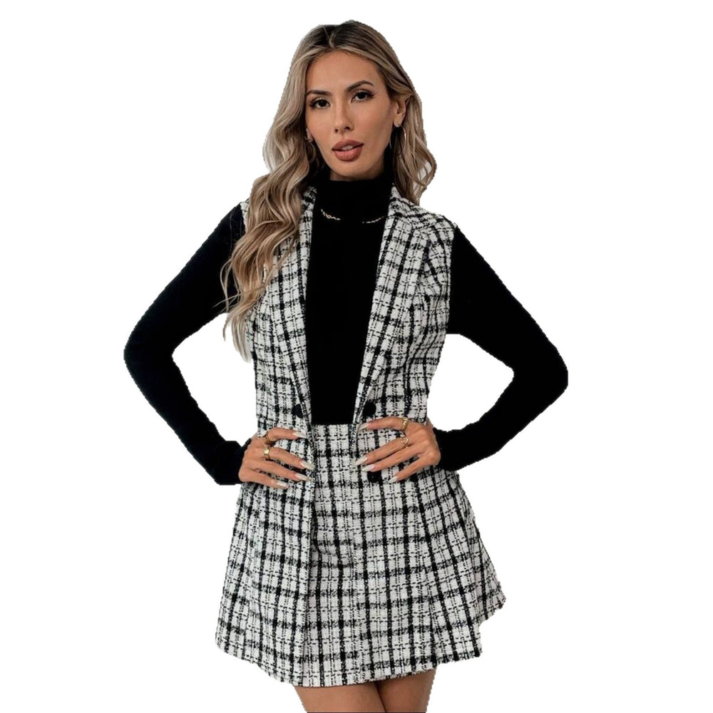 Aliexpress new arrival: women's elegant commute style tweed vest & midi skirt two-piece set (cross-border e-commerce)