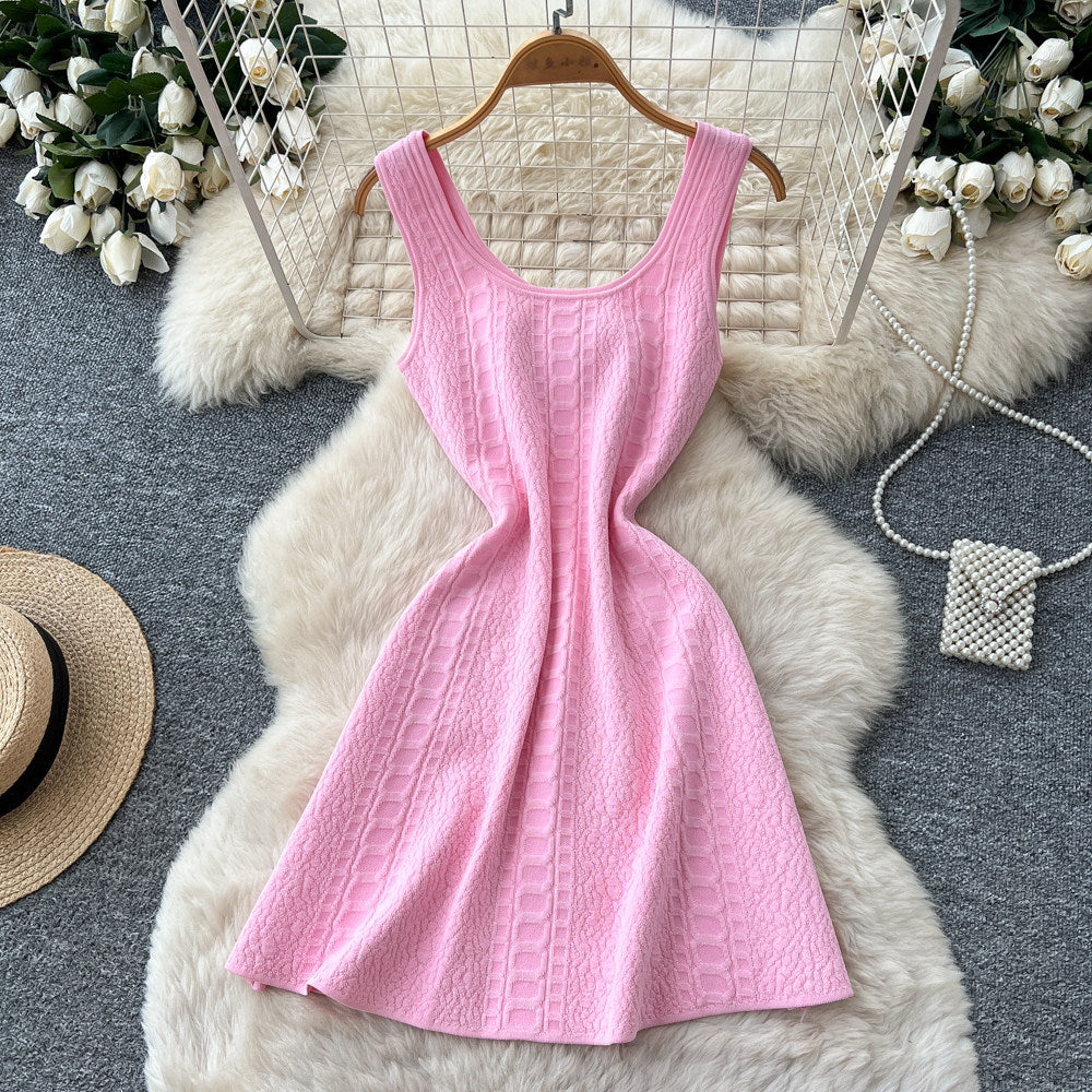 French chic pink sleeveless a-line dress - women's summer korean style high waist slimming versatile elegant commute dress