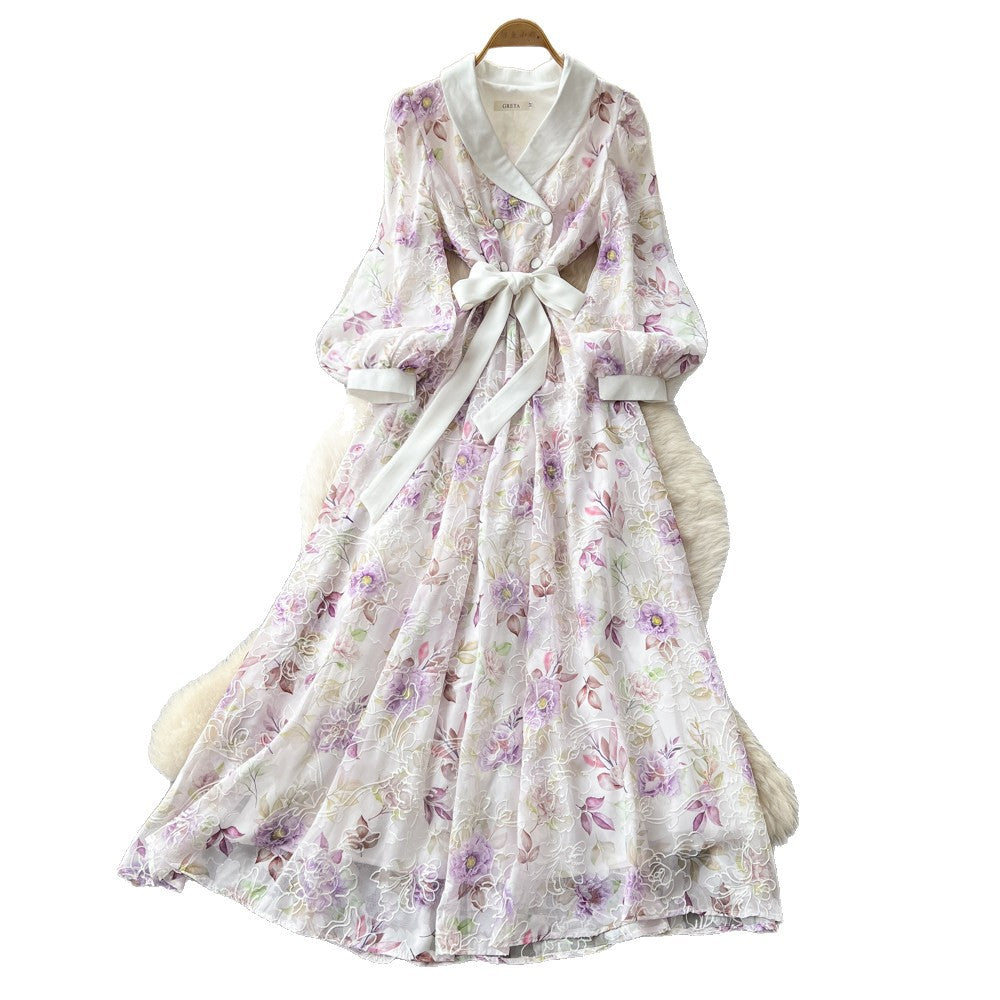 French sweet floral v-neck dress - women's early spring korean style long sleeve slimming a-line maxi dress - vacation ready
