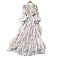 French sweet floral v-neck dress - women's early spring korean style long sleeve slimming a-line maxi dress - vacation ready