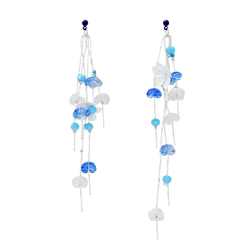 French chic tassel flower stud earrings - ethereal blue, fresh & elegant, unique long earrings for spring/summer beach looks