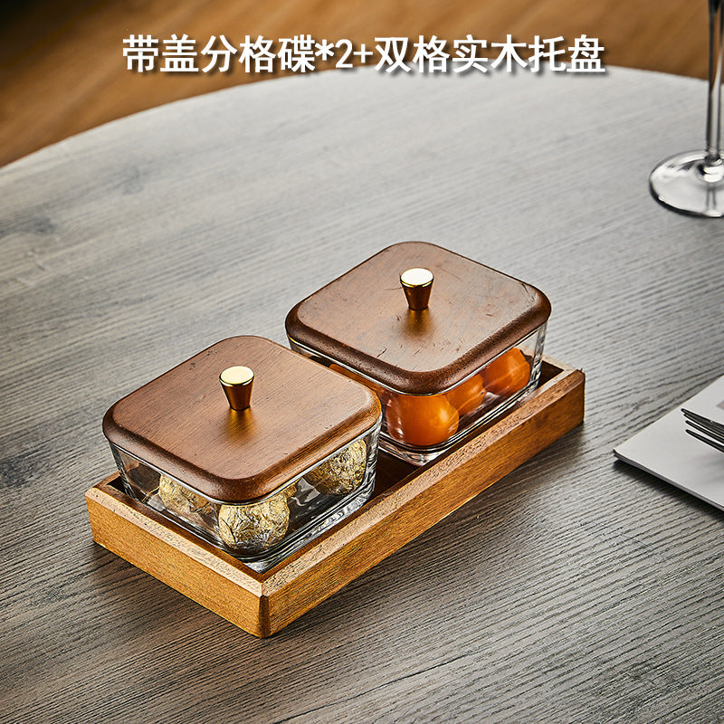 Walnut wood fruit bowl snack storage box - premium glass dried fruit dish - coffee table dessert & candy organizer