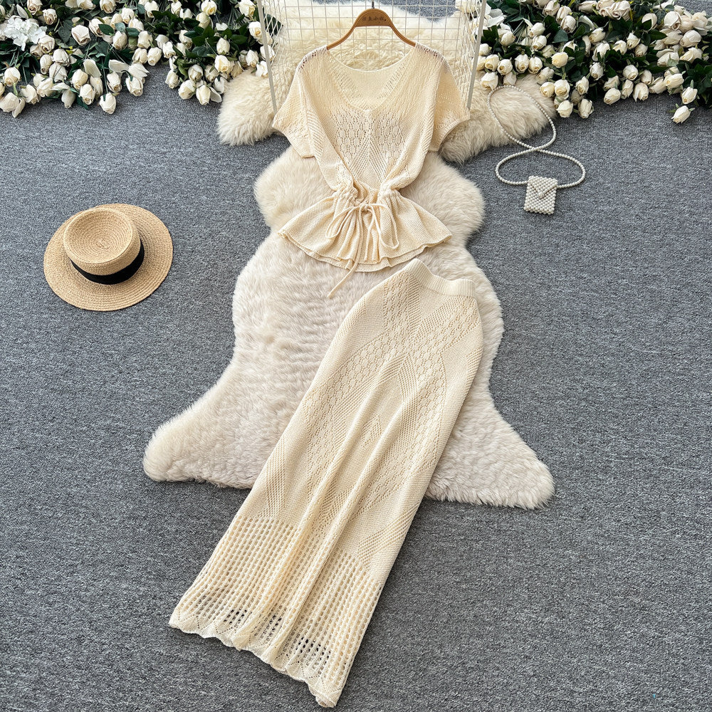 Korean style commute-inspired hollow knit minimalist two-piece set for women - summer v-neck, waist-defining, slimming outfit