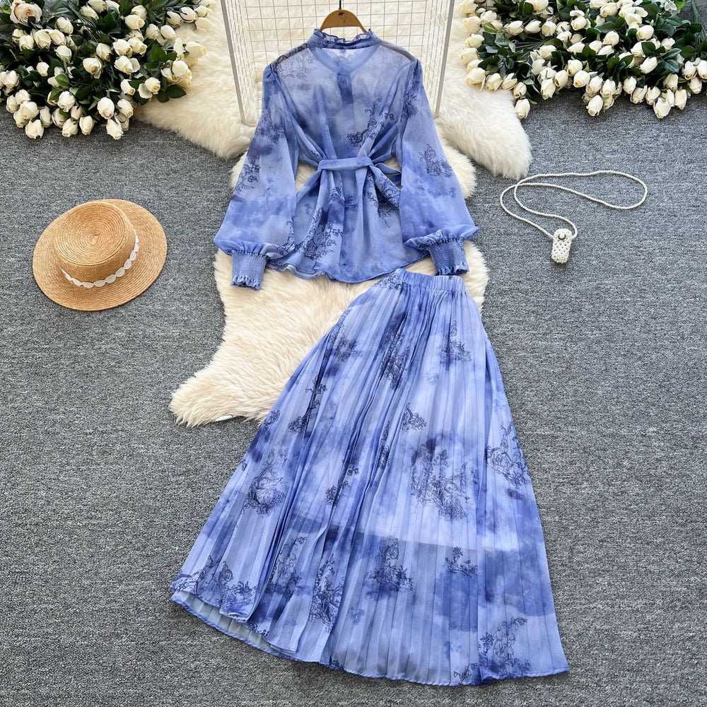 Elegant two-piece set: french-inspired, high-end tie-waist lantern sleeve printed chiffon top + high-waisted midi skirt