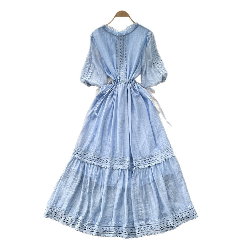 French chic lace-trimmed lantern sleeve dress - slimming, elegant, and flowy maxi dress with tie waist