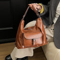 retro work clothing soft leather women's bag classy large capacity shoulder bag maillard style multifunctional backpack women