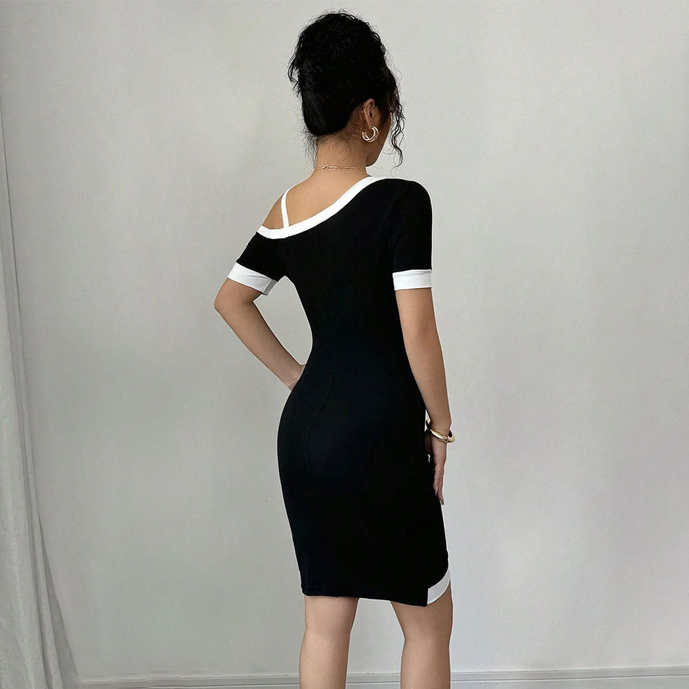 cross-border tkexport women's clothing intellectual dress spring and summer new arrival oblique collar single suspender hip skirt