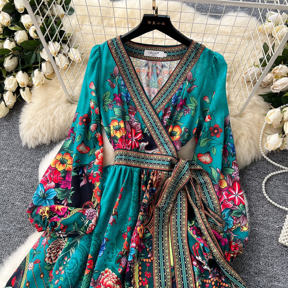 European and american retro chic fashionable printed design one-piece waist-tie wide hem long-sleeve french dress for women