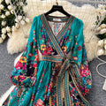 European and american retro chic fashionable printed design one-piece waist-tie wide hem long-sleeve french dress for women
