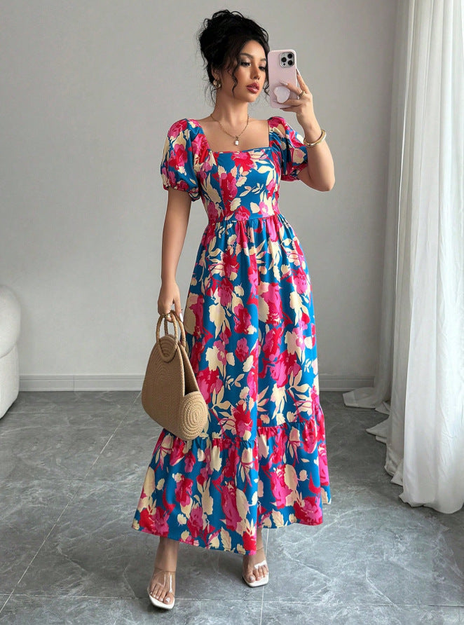 new european and american print ruffle trim square neck puff sleeve dress