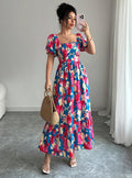 new european and american print ruffle trim square neck puff sleeve dress