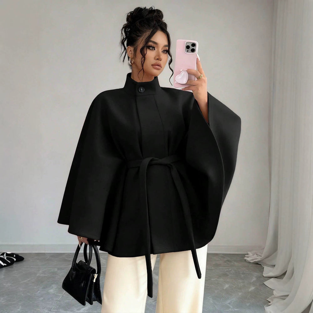 fashion stand collar waist plus sizeshortwoolen cape outwear wide sleeves tie backslimming look