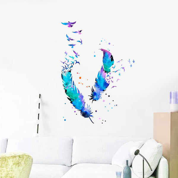 outer living room bedroom decoration sticker self-adhesive sticker gradual change color feather bird wall sticker  explosion
