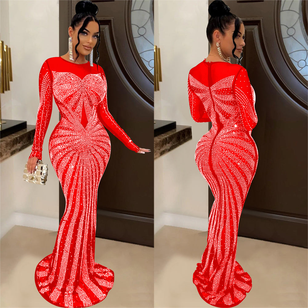 C6198   fashion women's solid color mesh see-through rhinestone long sleeve maxi dress