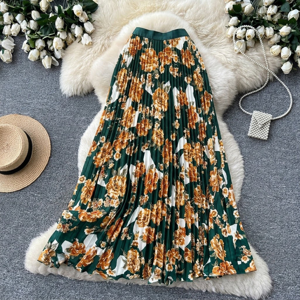 fashionretroprintingpleated elastic waist fashion skirt women's high waist a-line skirt work clothing long skirt summer