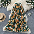 fashionretroprintingpleated elastic waist fashion skirt women's high waist a-line skirt work clothing long skirt summer